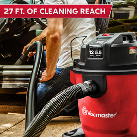 Vacmaster VJH1211PF 27-foot reach with kink-resistant hose and extended cord.