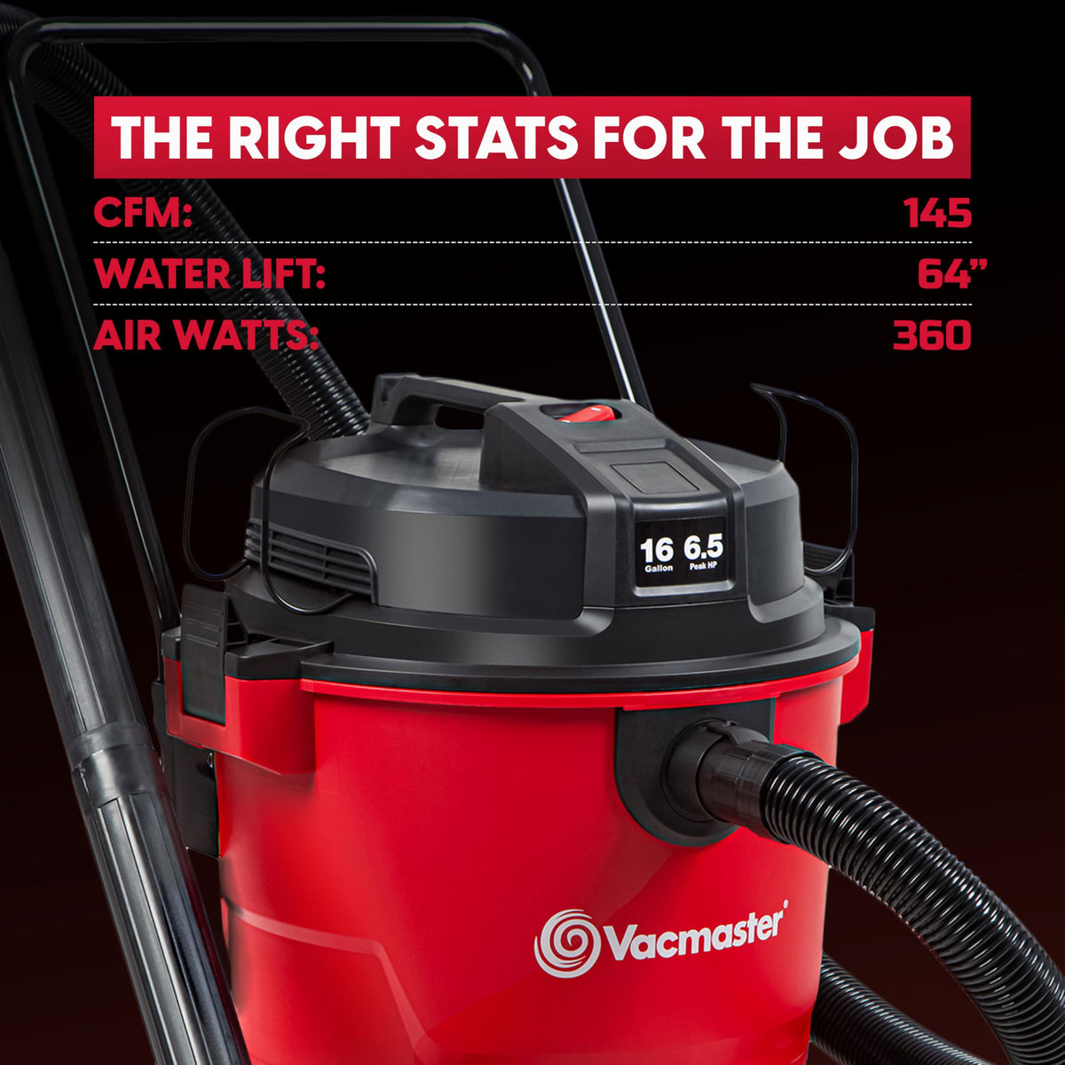 Vacmaster VJH1612PF on-board storage keeps hoses organized.