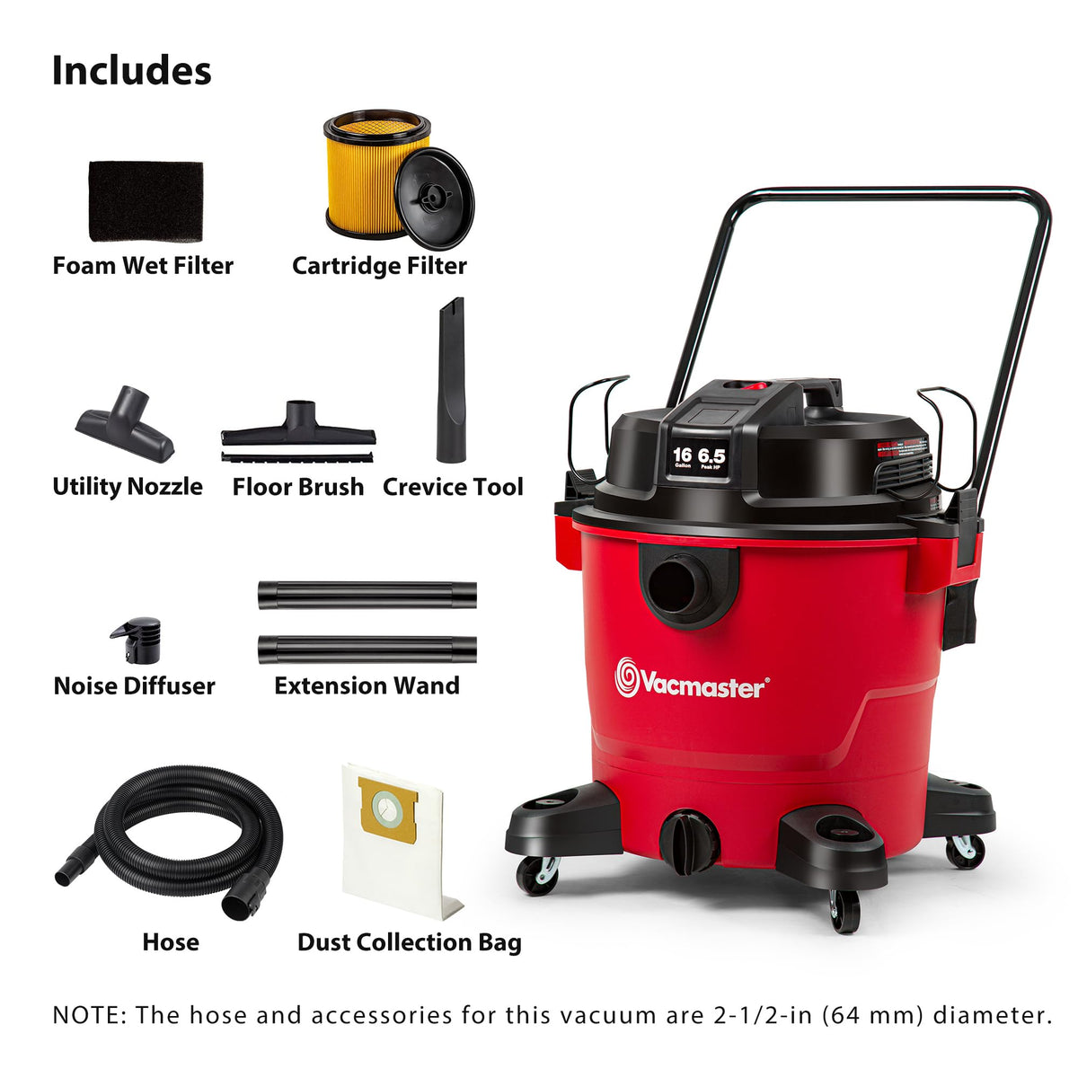 Vacmaster VJH1612PF wide-stanced casters stabilize the unit during cleaning.