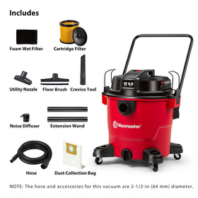 Vacmaster VJH1612PF wide-stanced casters stabilize the unit during cleaning.