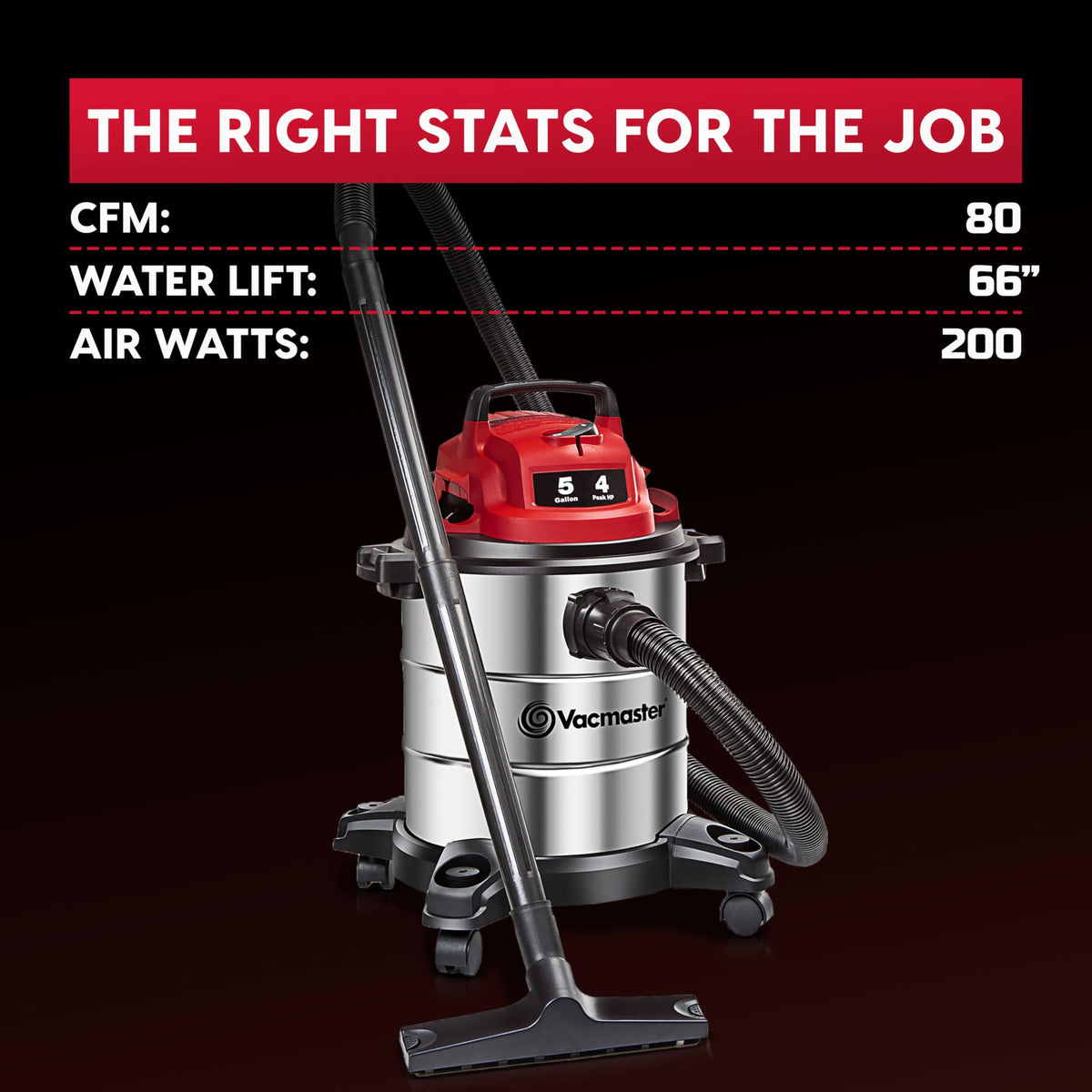 Vacmaster VOC508S balanced handle and wide casters for portable use.