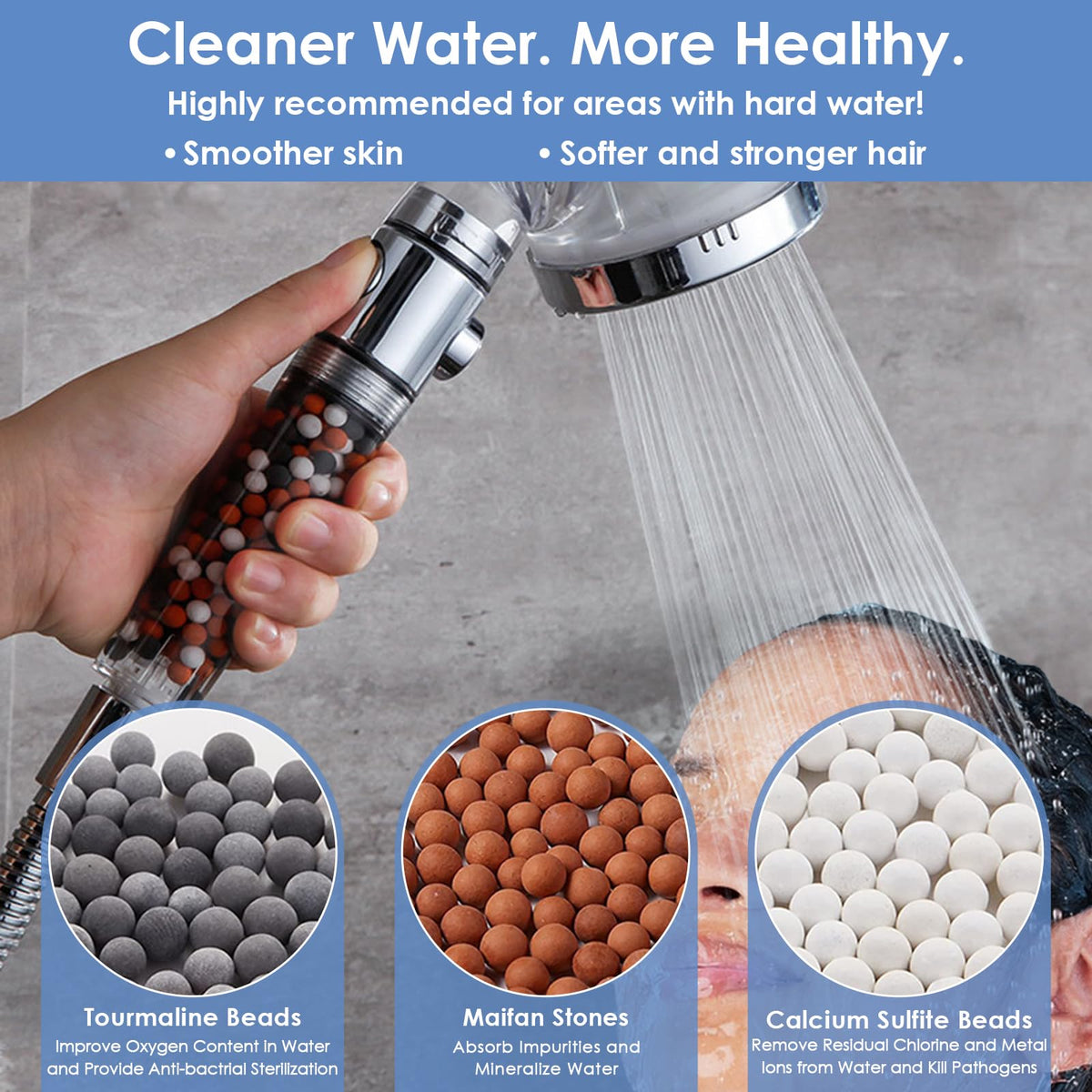 Vacto high-pressure showerhead closeup showing laser-drilled nozzle for efficient water flow.