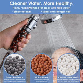 Vacto high-pressure showerhead closeup showing laser-drilled nozzle for efficient water flow.
