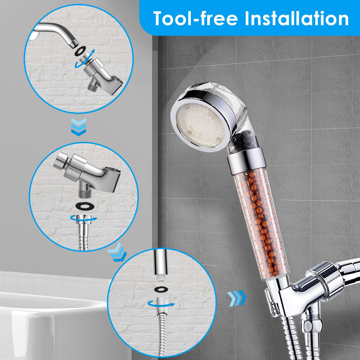 Vacto shower head bracket ensures stable placement on any standard shower.