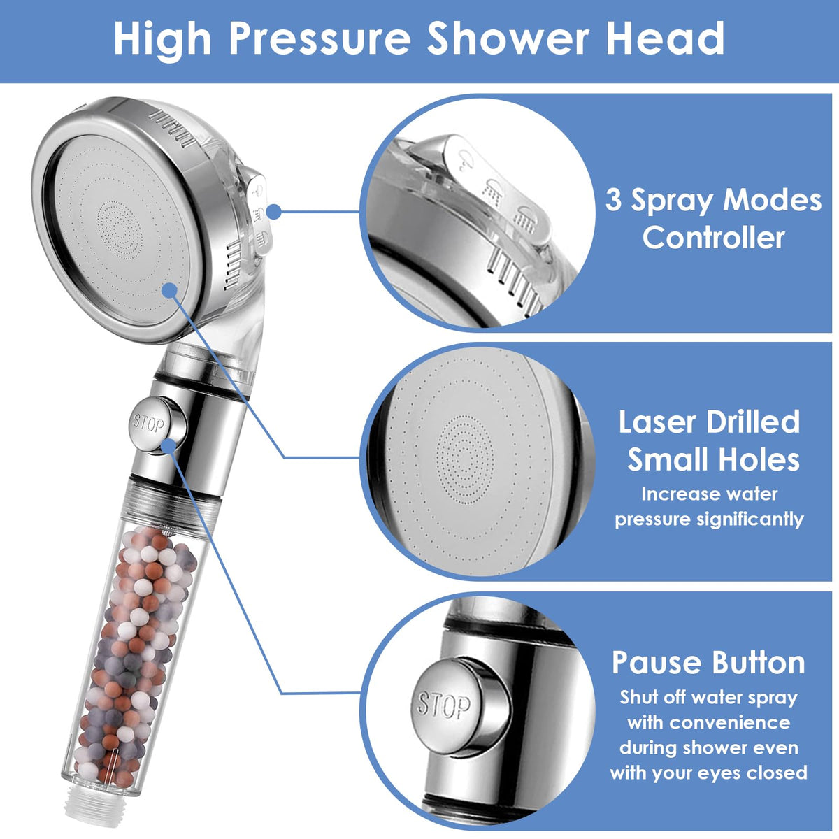 Vacto shower head with on/off switch for easy flow control.