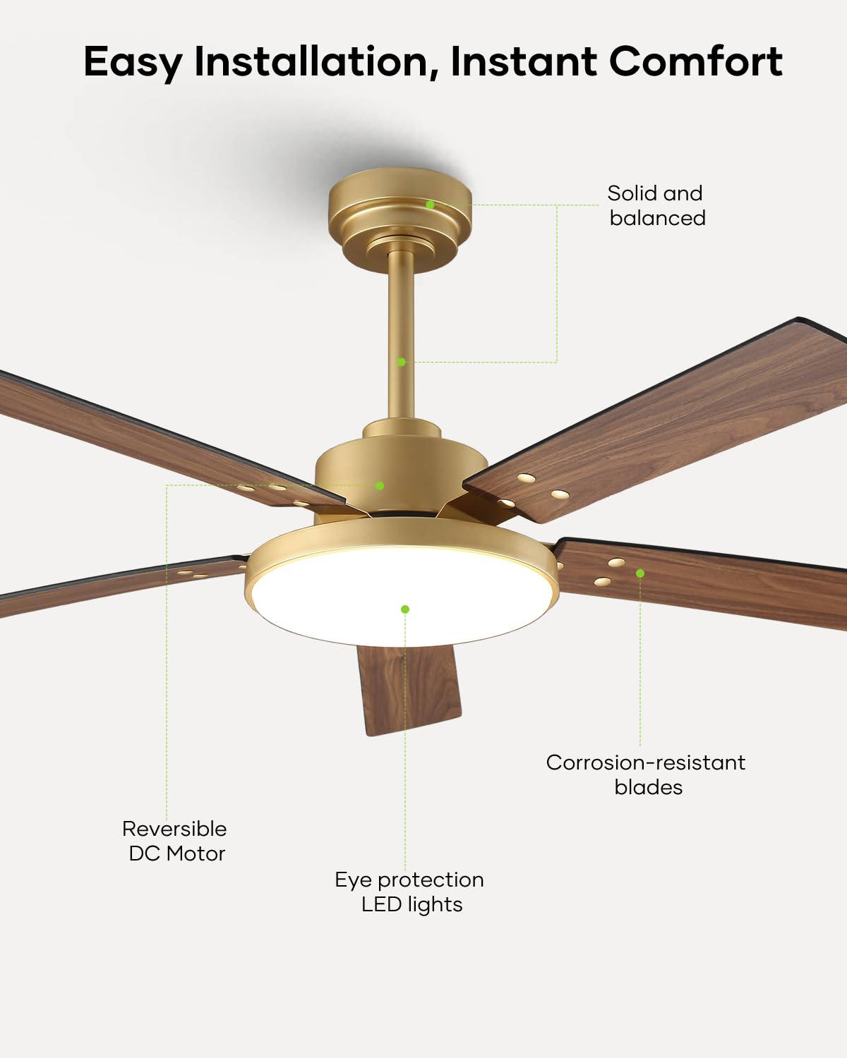 Vaczon 52-inch gold ceiling fan measures 52 inches for larger spaces