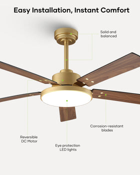 Vaczon 52-inch gold ceiling fan measures 52 inches for larger spaces