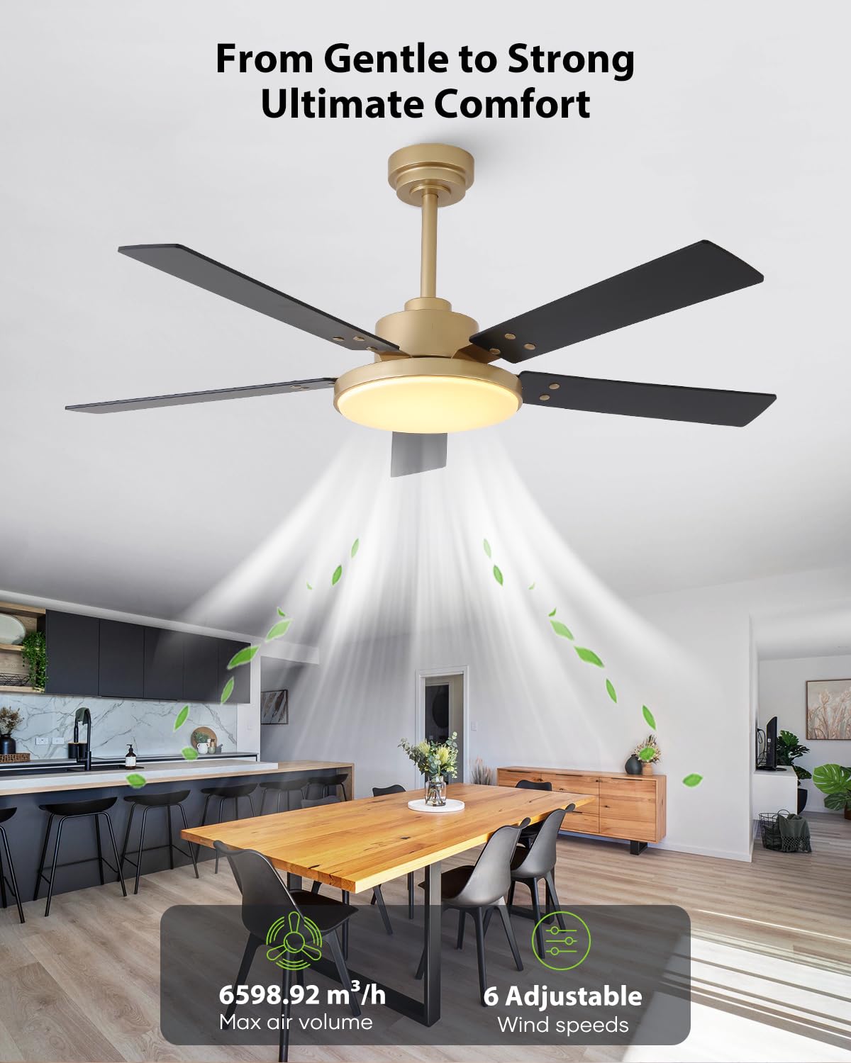 Vaczon 52-inch gold ceiling fan with dual-finish blades for modern style