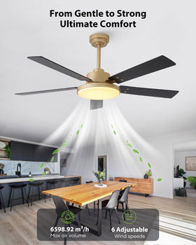 Vaczon 52-inch gold ceiling fan with dual-finish blades for modern style