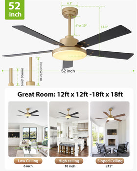 Vaczon 52-inch gold ceiling fan suitable for indoor spaces and covered patios