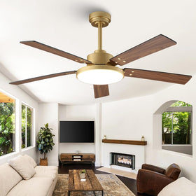 Vaczon 52-inch gold ceiling fan with LED light panel for bright living room illumination