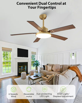 Vaczon 52-inch gold ceiling fan reversible motor for year-round comfort