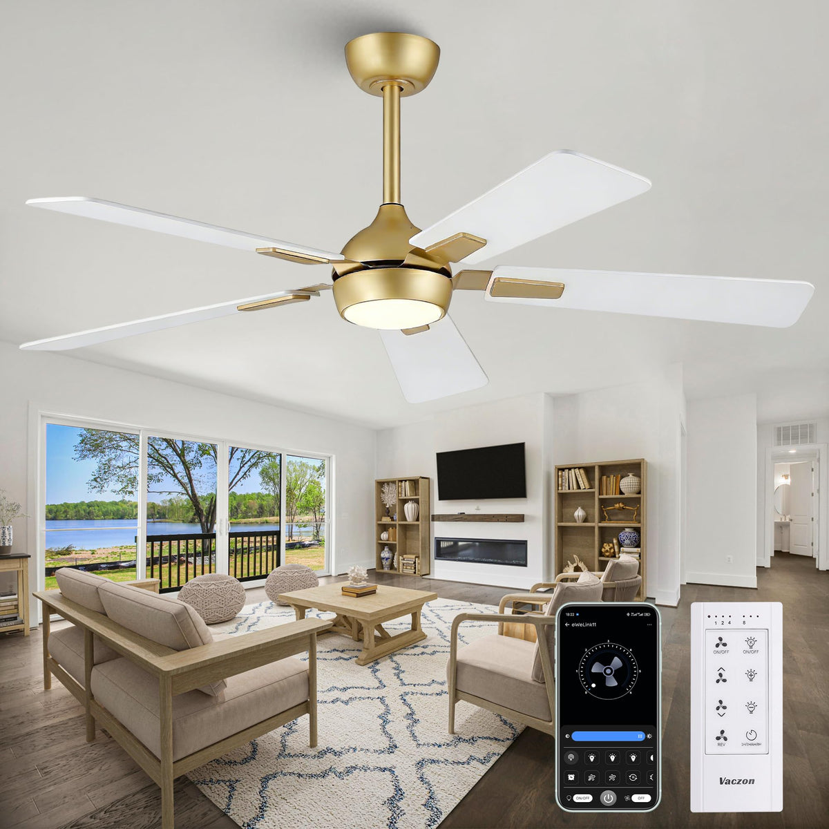 Vaczon 52in white-gold ceiling fan with light enhances a bright modern living space