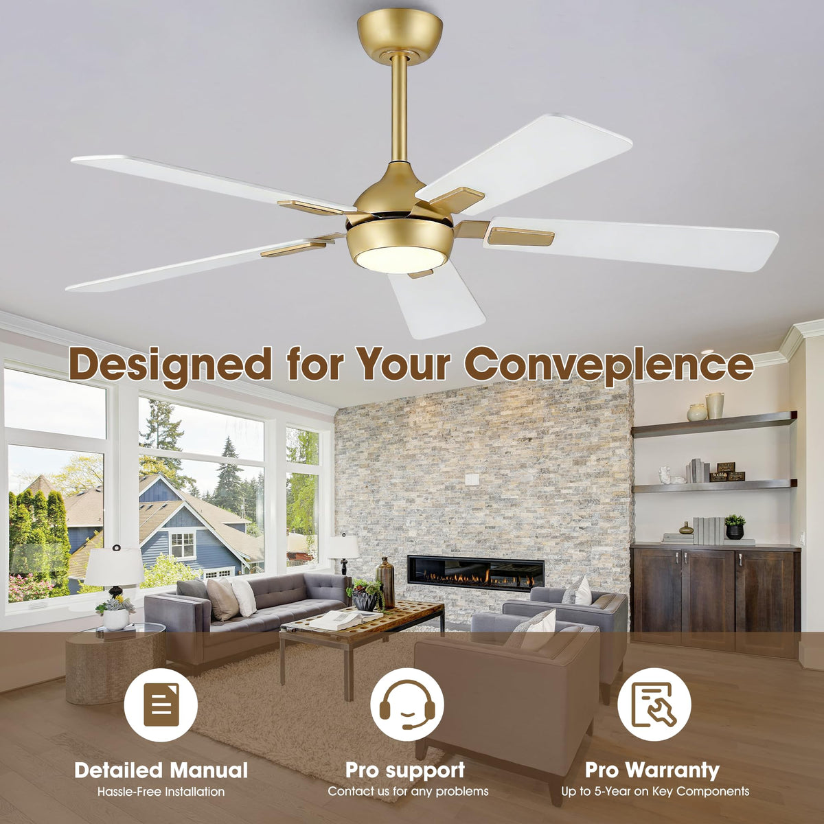 Vaczon modern white-gold ceiling fan complements contemporary spaces