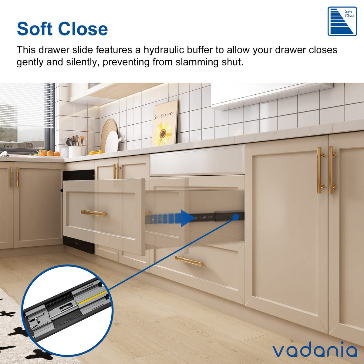 VADANIA 14-inch soft close drawer slide side-mount demonstrates easy installation and sturdy mounting.