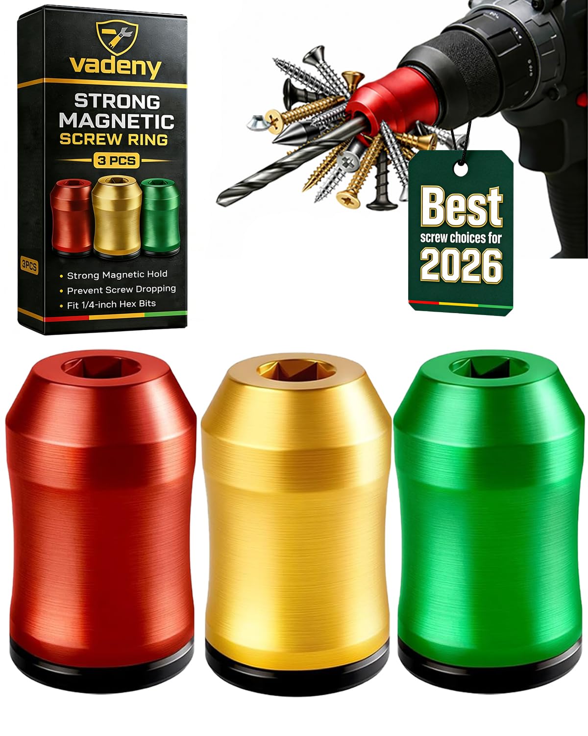 Vadeny magnetic screw ring attached to a screwdriver grips screws securely