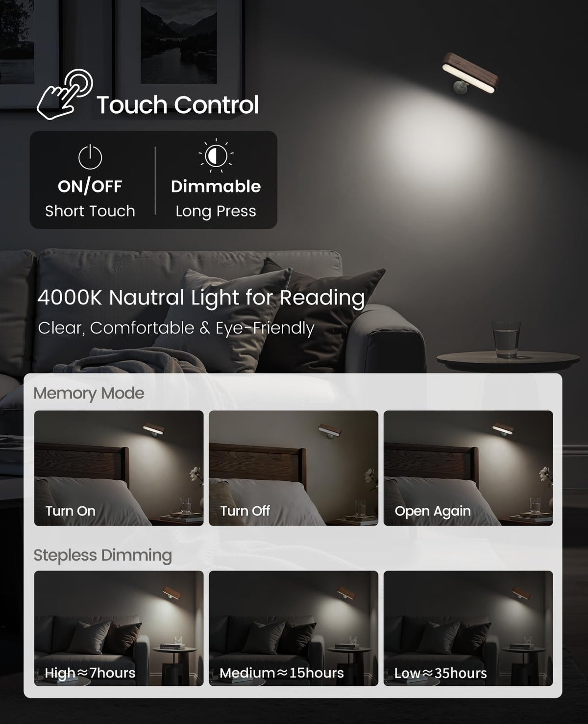 Vadifula wall light demonstrates stepless dimming from 2% to 100%.
