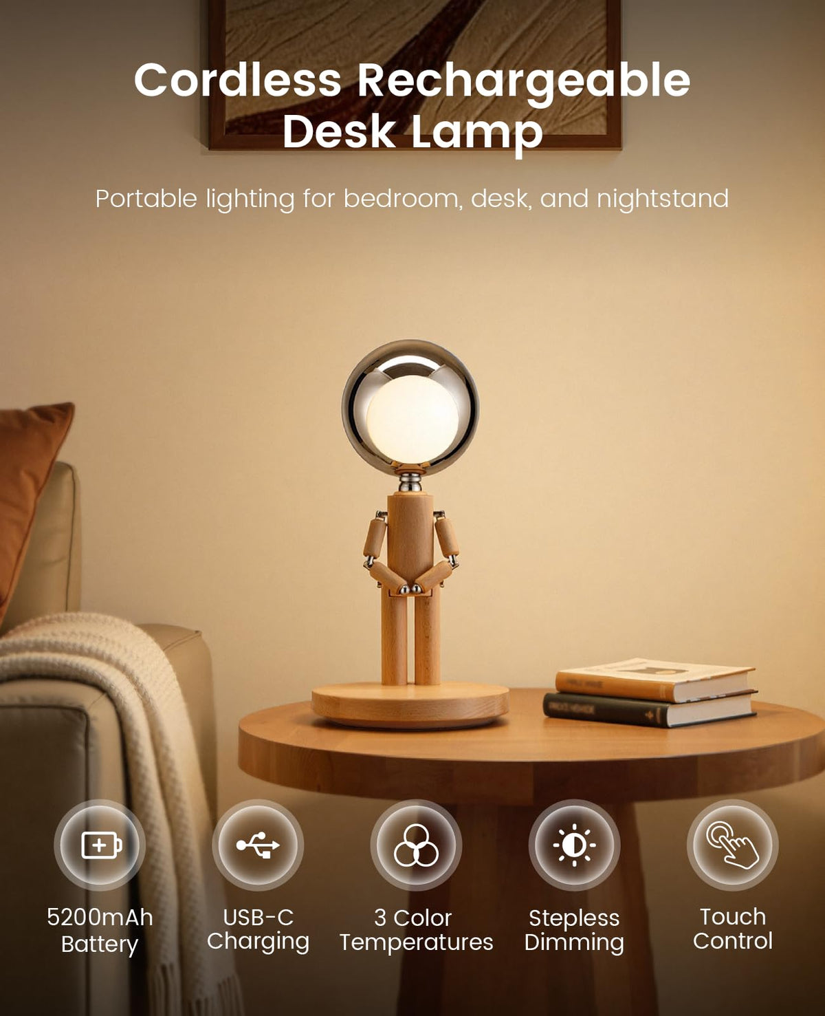 Vadifula rechargeable desk lamp offers cordless convenience for clutter-free spaces.