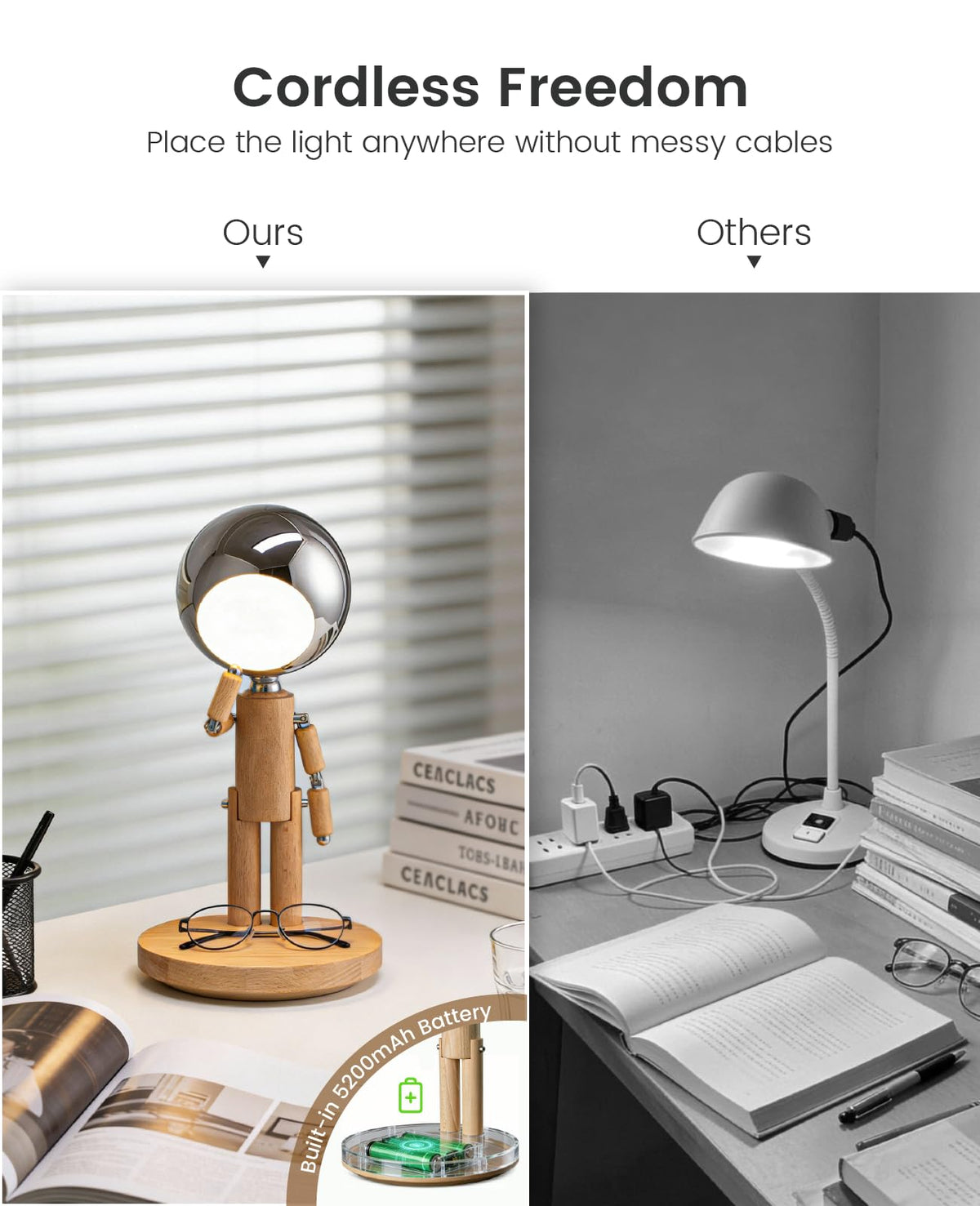 Vadifula wooden desk light highlights beech texture on a quiet workspace.