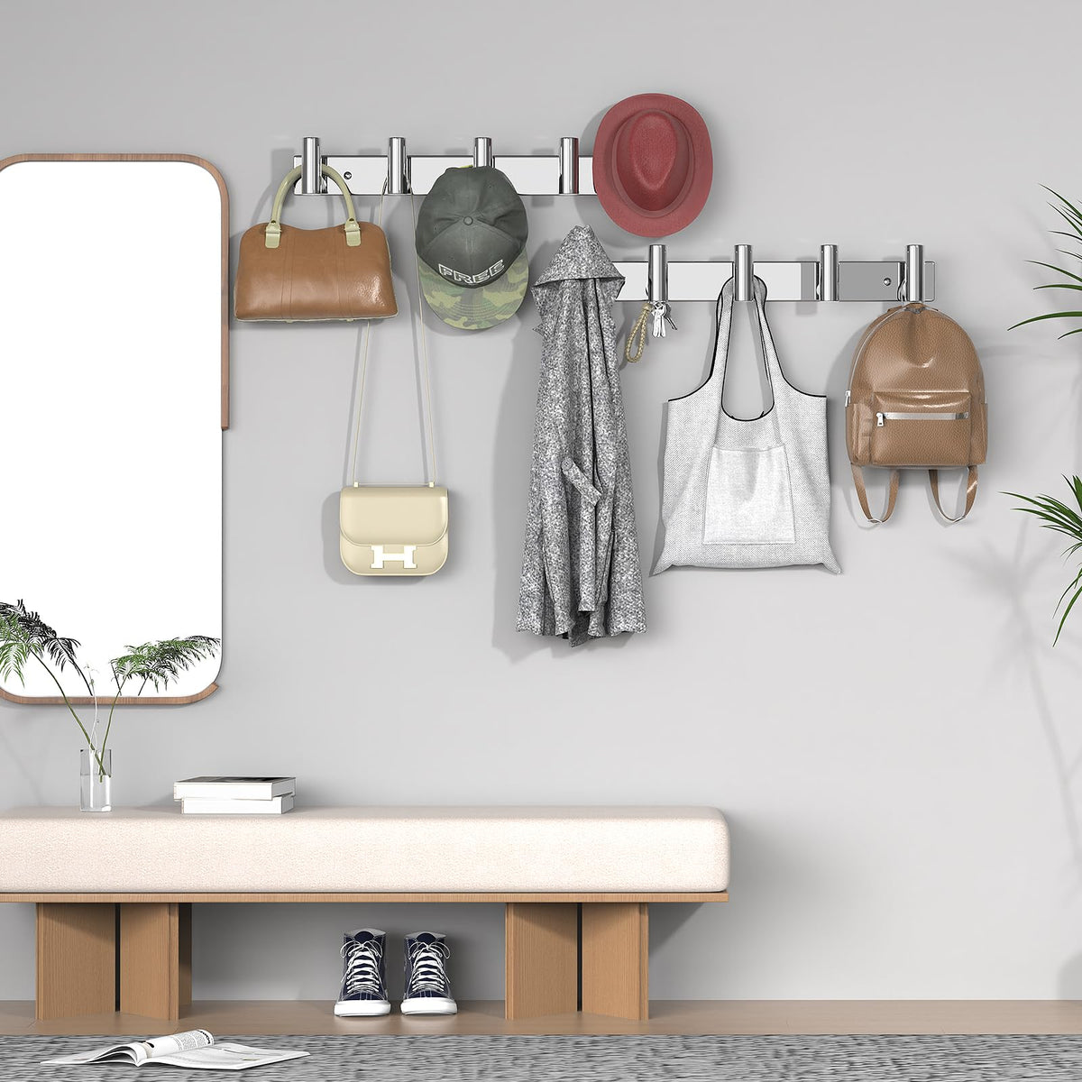 VAEHOLD hat and coat wall mount rack close-up of 5-hooks design and anti-slip features