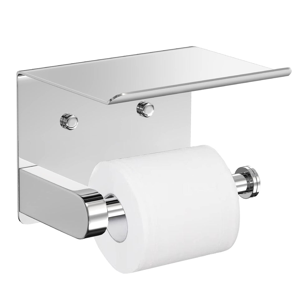 VAEHOLD self-adhesive toilet paper holder with phone shelf keeps bathroom essentials organized.
