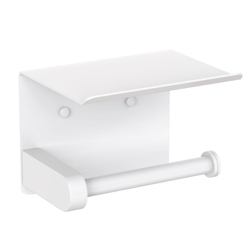 VAEHOLD self-adhesive toilet paper holder with phone shelf keeps essentials within reach.