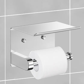VAEHOLD stainless steel wall-mounted holder with shelf for phone and small items.