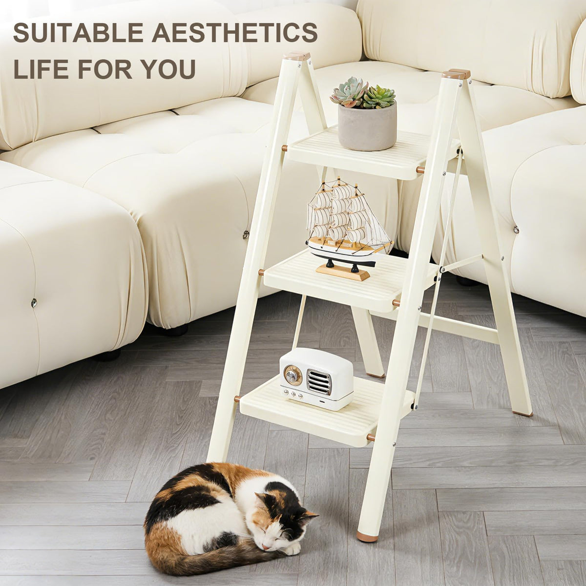 Valeo folded ladder fits on a balcony or shelf for discreet storage.