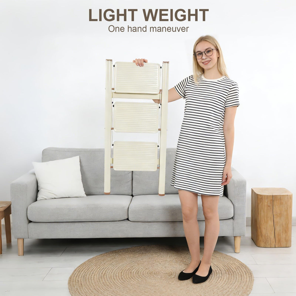 Valeo 3-step ladder in home use enhances reach in kitchen and closet.