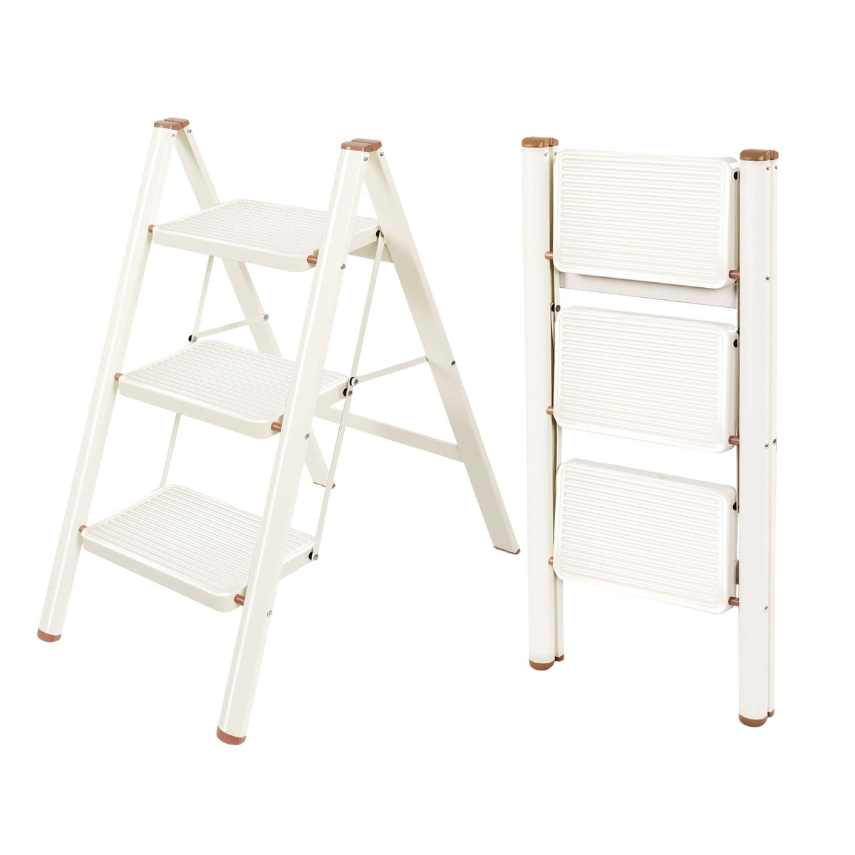 Valeo 3-step ladder open view shows sturdy iron frame for safe reaching.