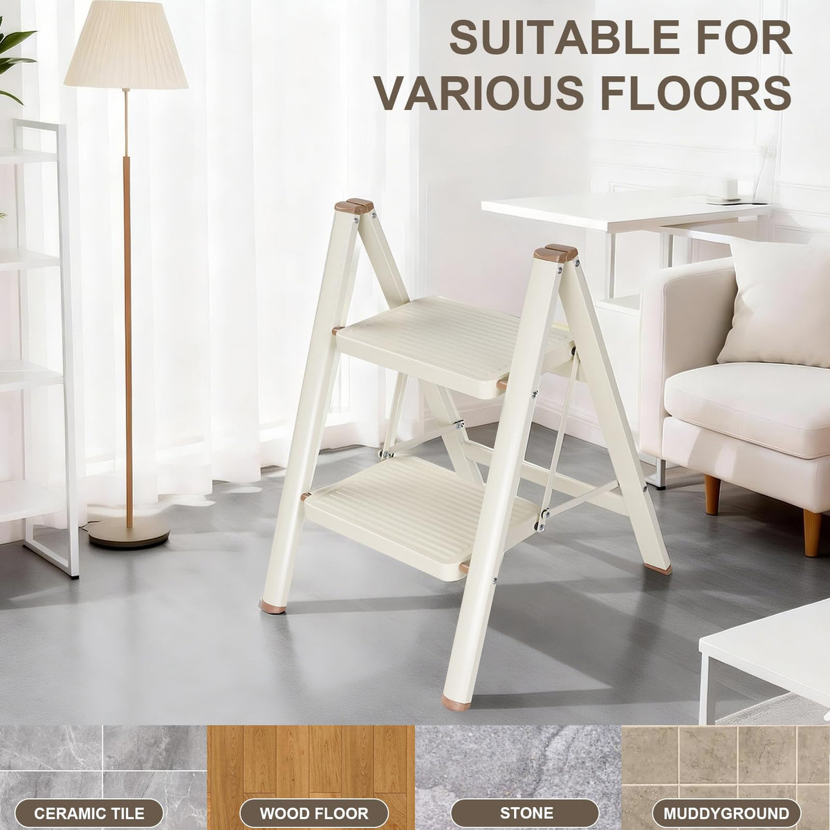 Valeo 2-Step Ladder beside closet for easy inventory checks