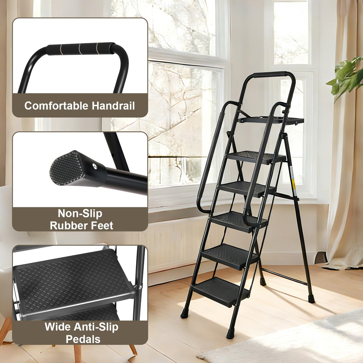 Valeo five-step ladder wide anti-slip pedals for confident footing