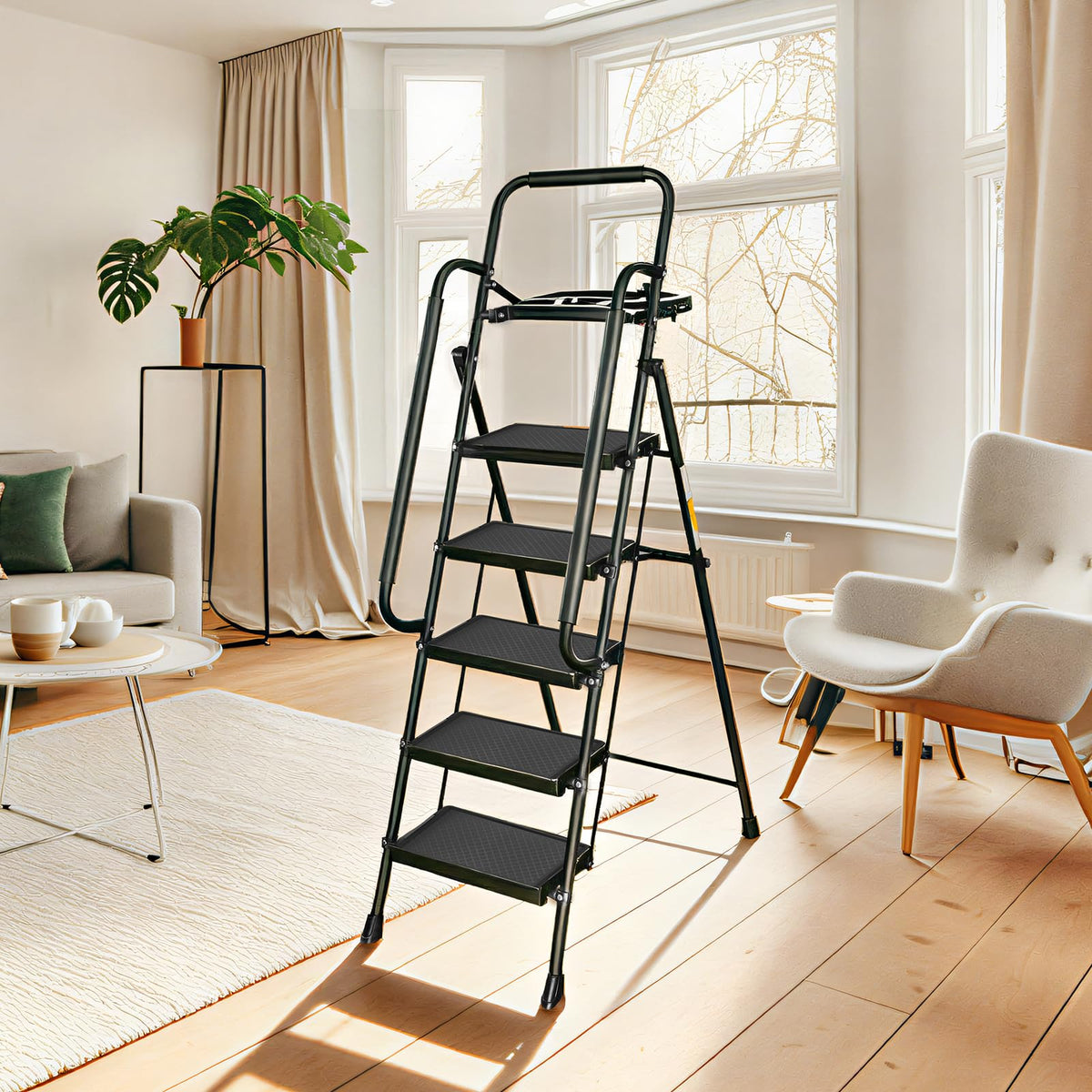 Valeo five-step ladder tool platform showing convenient workspace at height