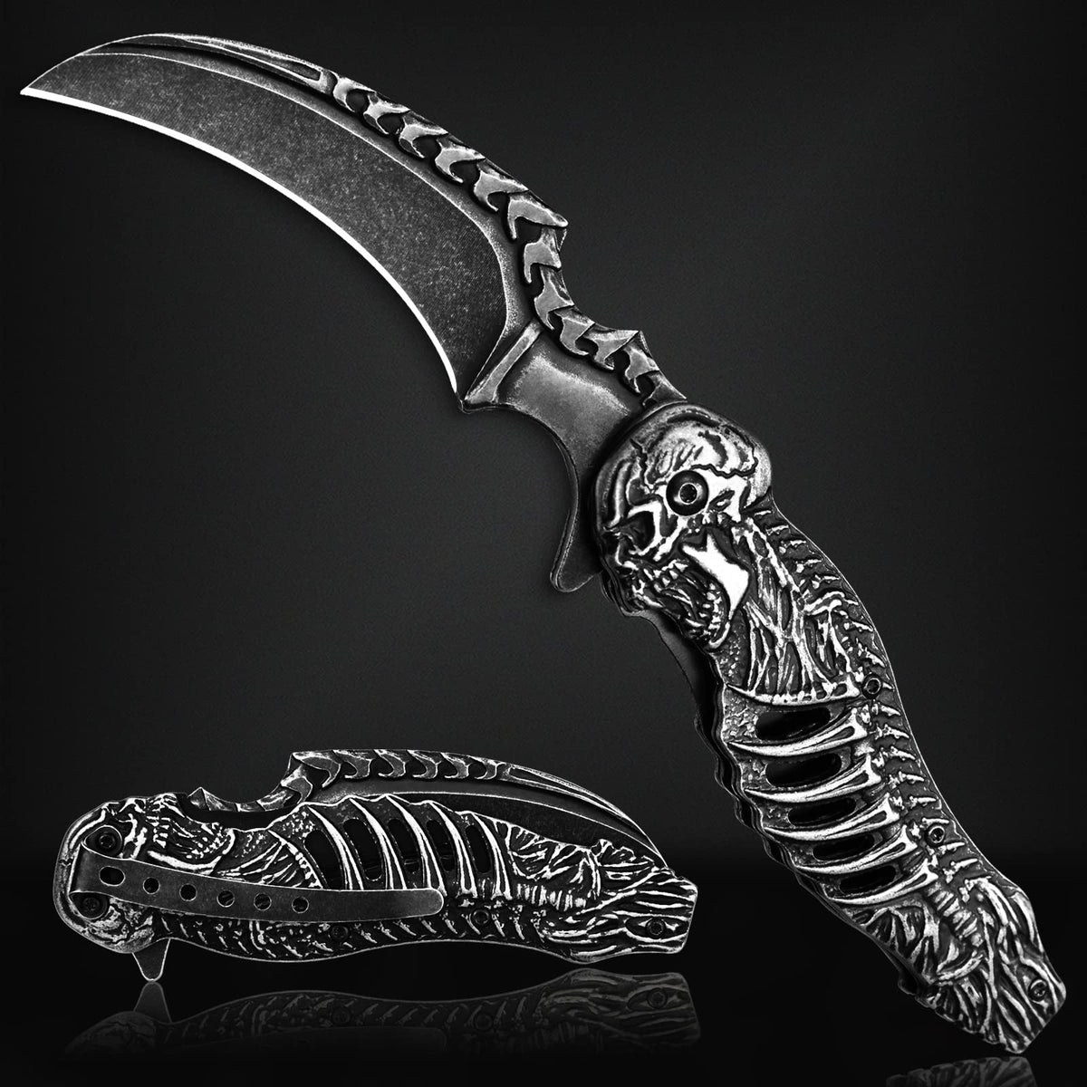 Valhalla Reaper skull knife with hollow motif for secure grip.