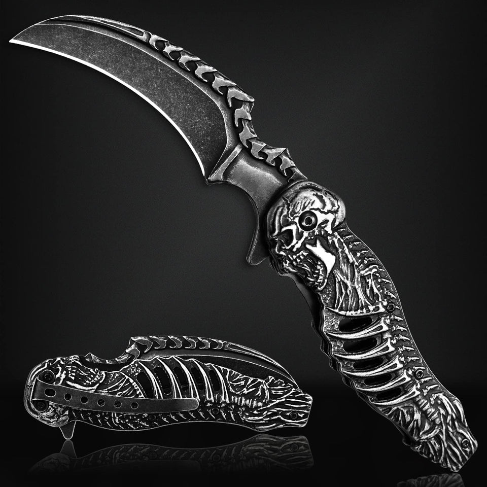 Valhalla Reaper skull knife with hollow motif for secure grip.