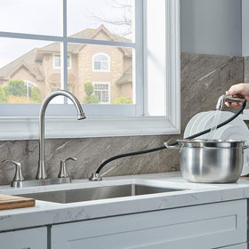VALISY high-arc spout rotates 360 degrees for full sink reach