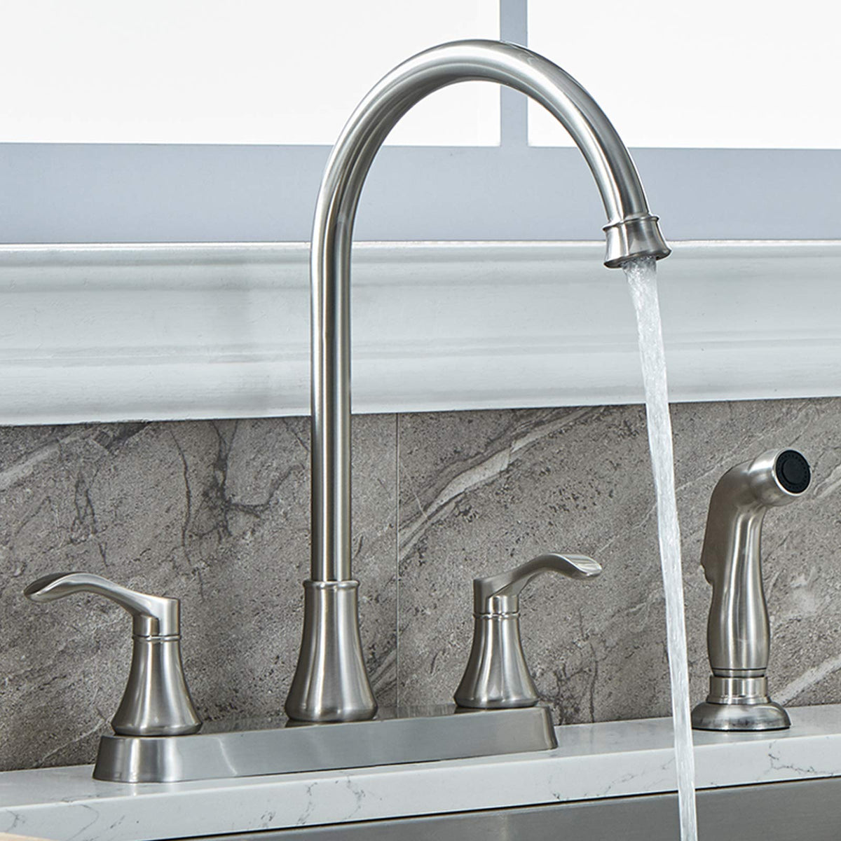VALISY kitchen faucet with side sprayer in brushed nickel for versatile cleaning