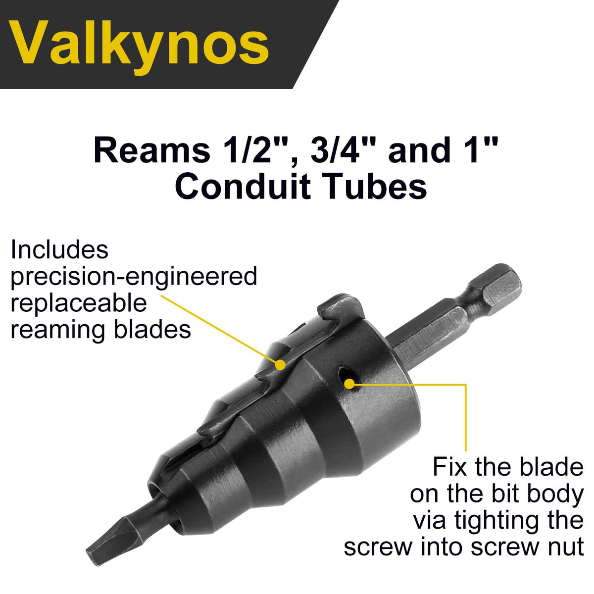 Valkynos Reamer kit reams inside and outside EMT pipes for precise chamfers.