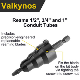 Valkynos Reamer kit reams inside and outside EMT pipes for precise chamfers.