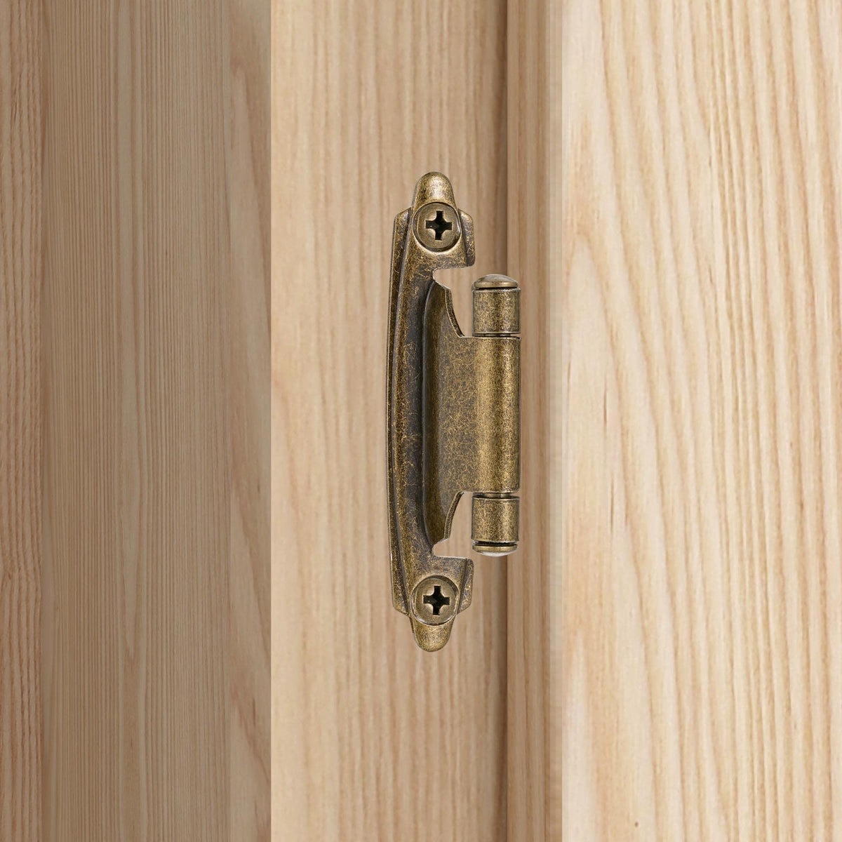 Vallecloud antique brass hinge on cabinet showing vintage finish