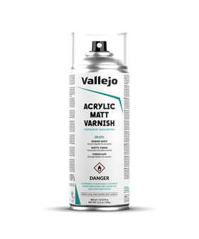 Vallejo Acrylic Matt Varnish Spray bottle ready for a clear, non-yellowing protective coat.