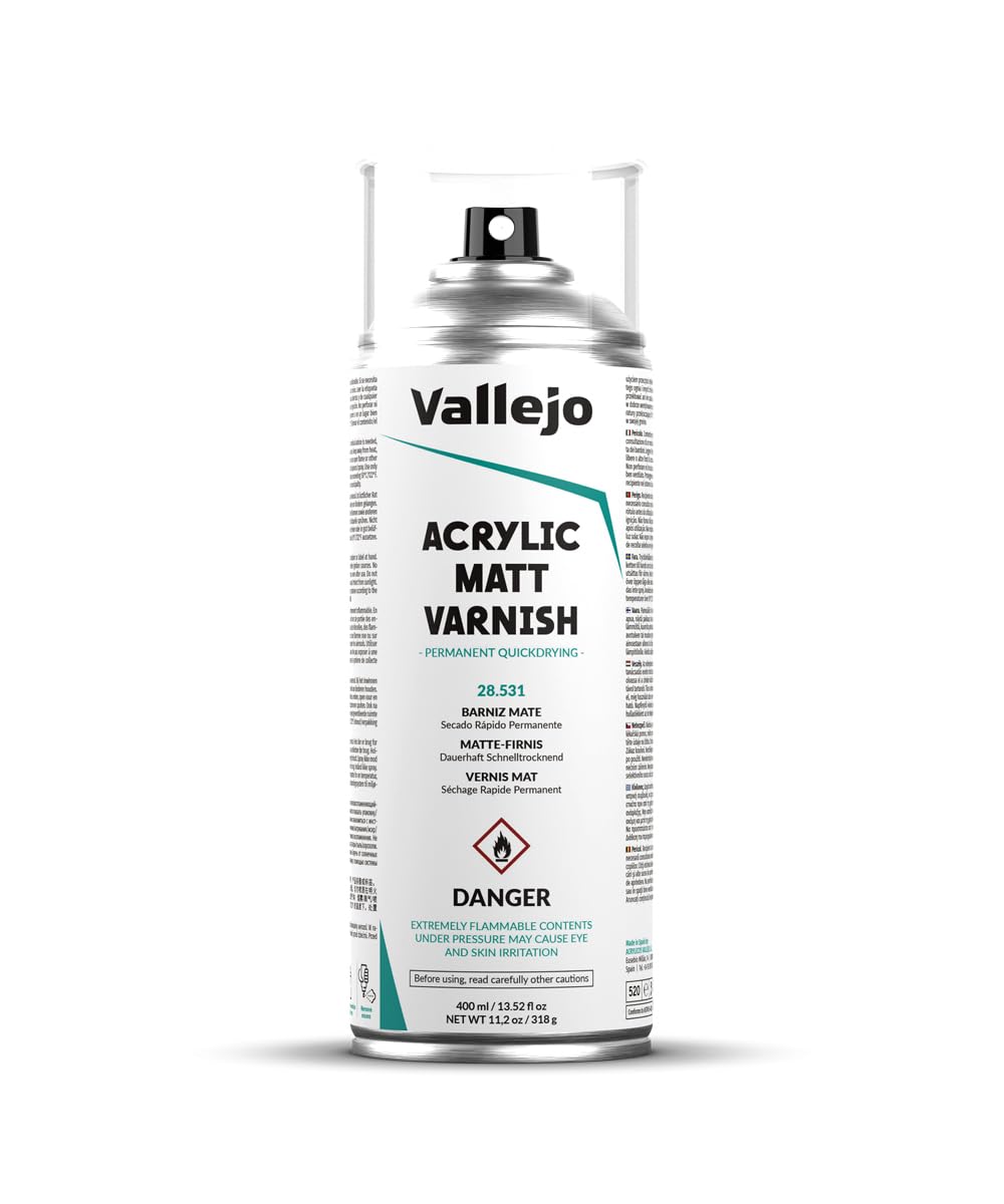 Vallejo Acrylic Matt Varnish Spray being sprayed to protect a miniature model's finish.