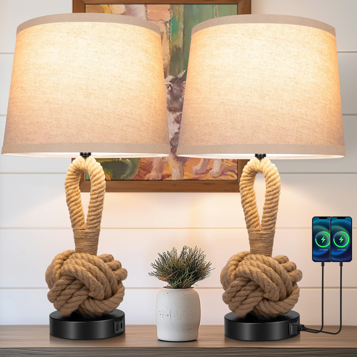 Vallerico 22-inch rope lamp pair front view for nightstands, warm ambience.