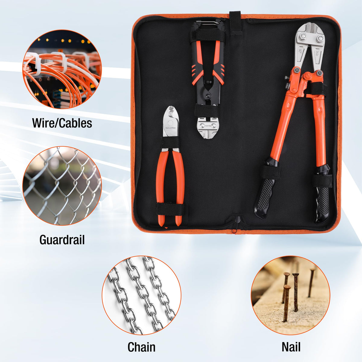 ValueMax bolt cutter set with all tools arranged for quick access