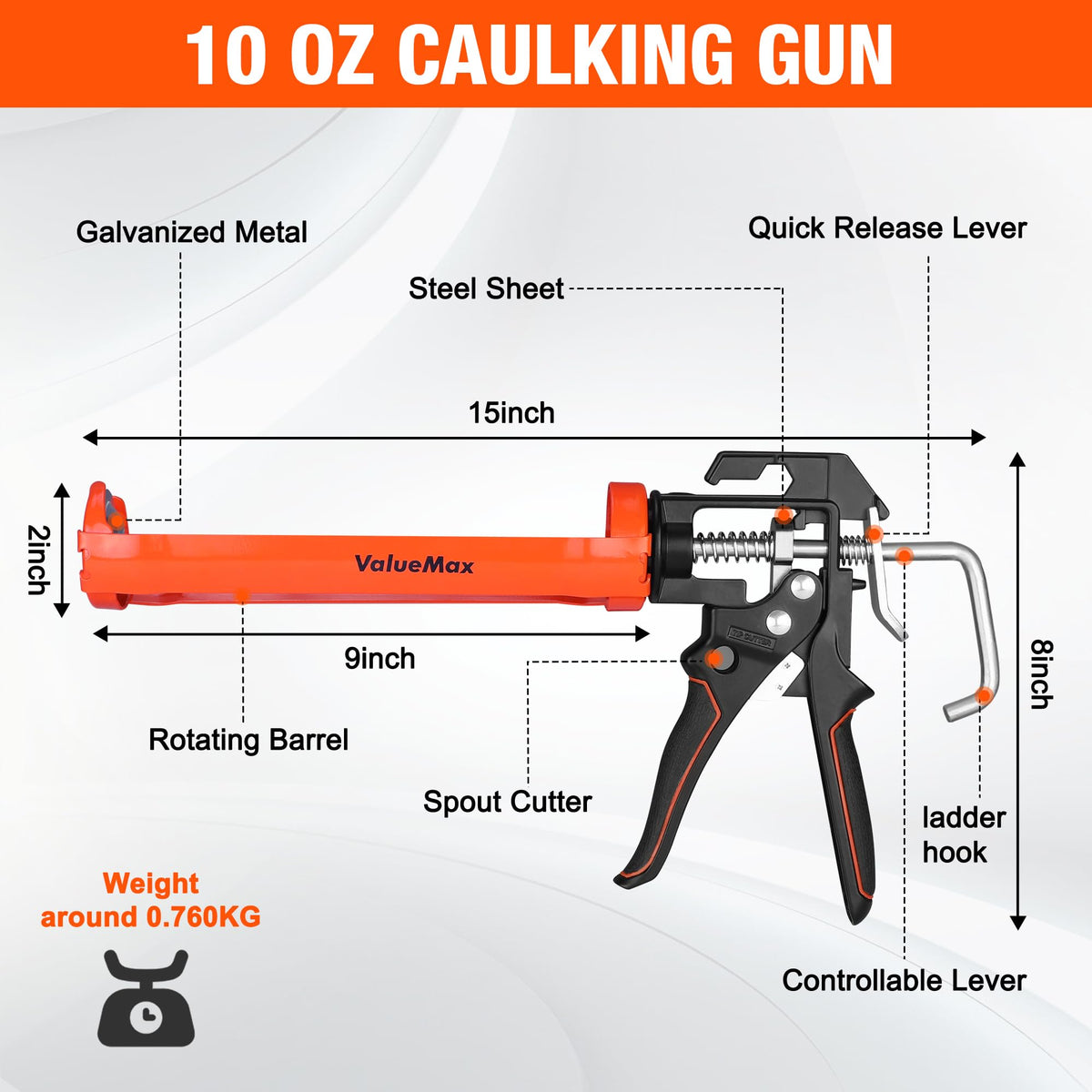 ValueMax caulk gun 360 rotatable barrel enables flexible application in tight spaces.