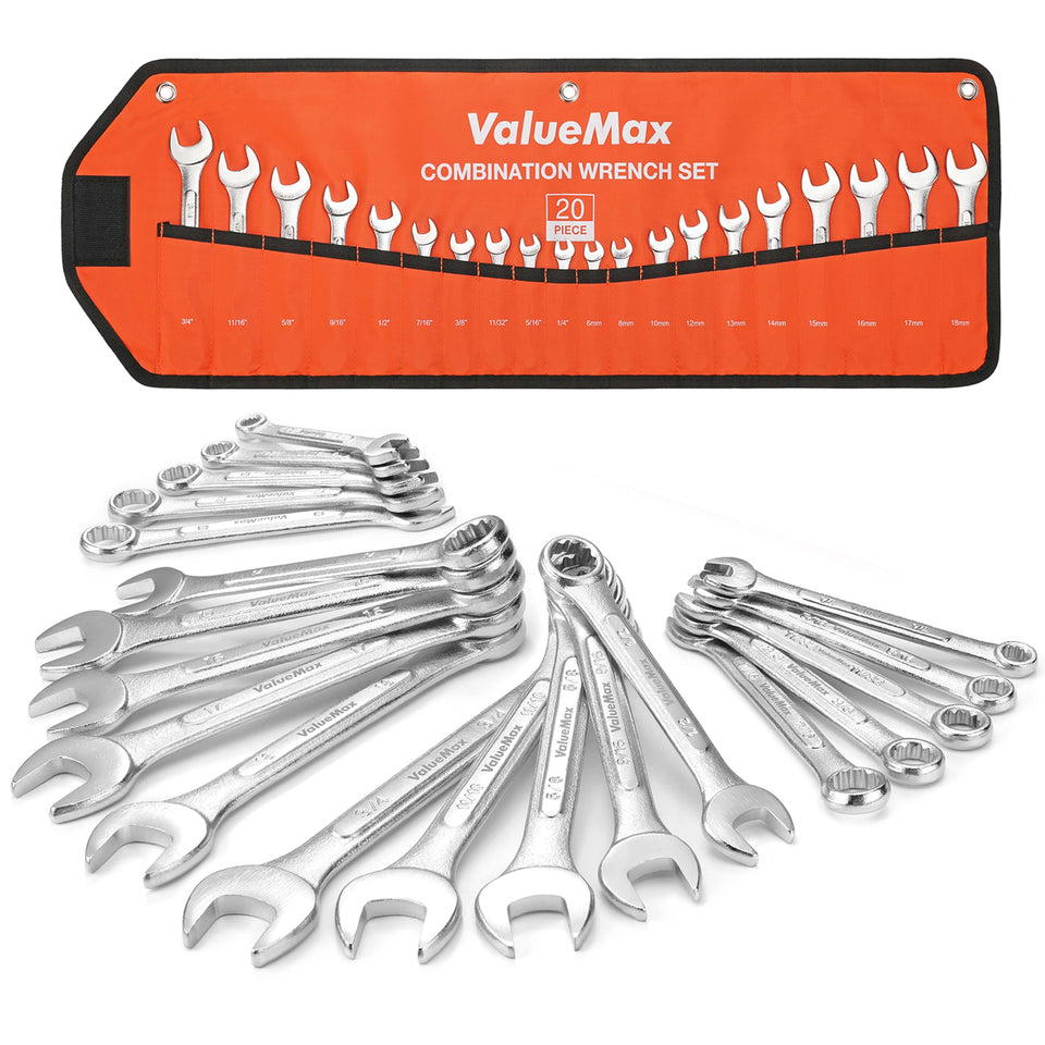 ValueMax mechanics wrench set with roll-up pouch for portable on-site repairs.
