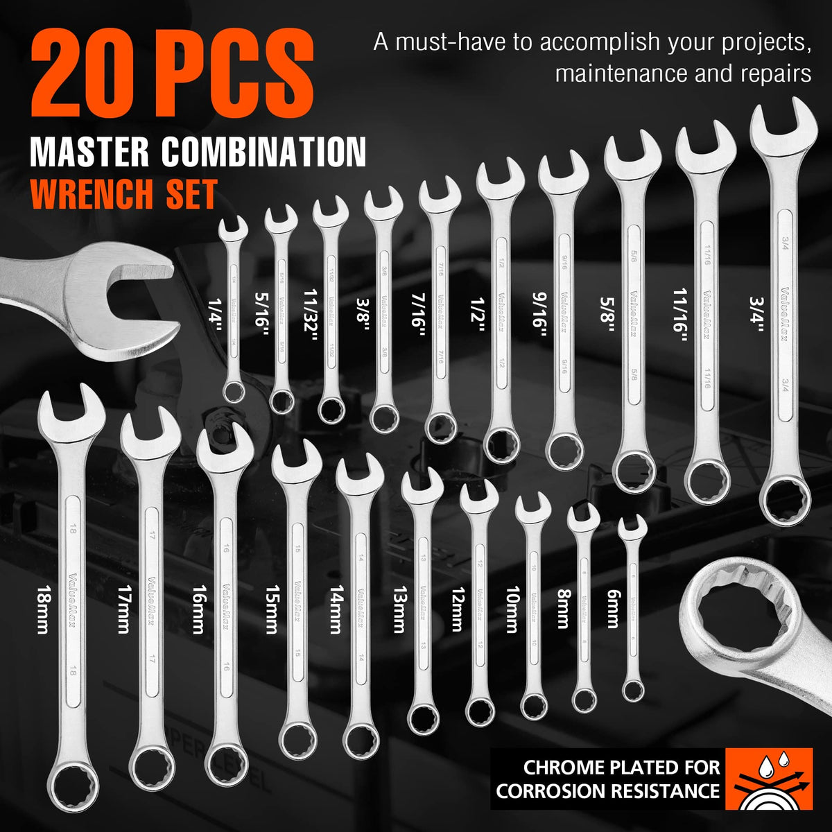 ValueMax wrench set shows SAE and metric sizes for versatile fastener work.