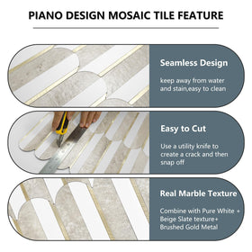 Vamos fish-scale metal mosaic tiles; stylish bathroom wall backsplash.