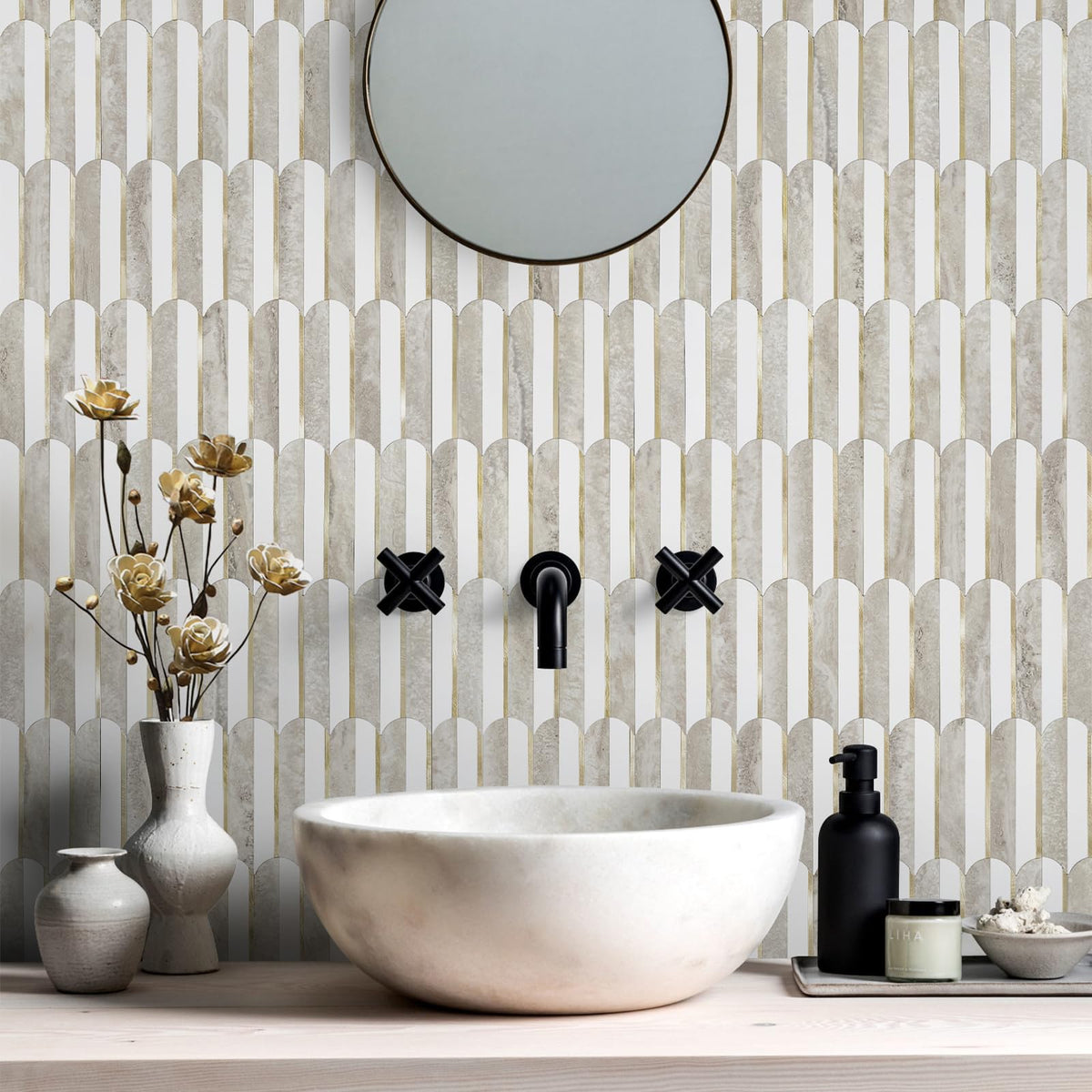 Vamos long-oval geometric design tiles; modern kitchen accent.