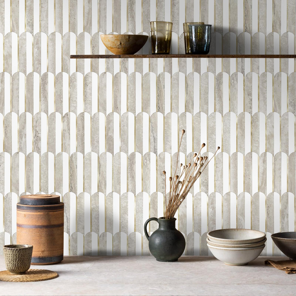 Vamos Peel and Stick Backsplash white-beige slate tiles; simple kitchen upgrade.